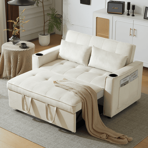 Sofá-cama rebatível multi-ângulo ajustável - 2 lugares - Tecido de veludo - Com suportes para copos e almofadas - Bege