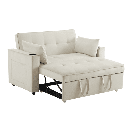 Sofá-cama rebatível multi-ângulo ajustável - 2 lugares - Tecido de veludo - Com suportes para copos e almofadas - Bege