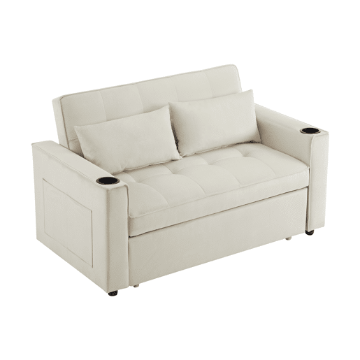 Sofá-cama rebatível multi-ângulo ajustável - 2 lugares - Tecido de veludo - Com suportes para copos e almofadas - Bege