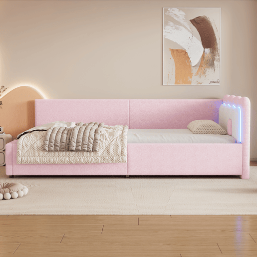 Sofá-cama 90x200 cm com LED e estrado de ripas - Rosa Sofá-cama 90x200 cm com LED e estrado de ripas - Rosa