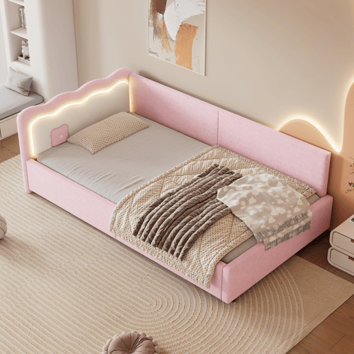 Sofá-cama 90x200 cm com LED e estrado de ripas - Rosa Sofá-cama 90x200 cm com LED e estrado de ripas - Rosa