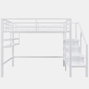 Cama alta metálica 140x200 cm - com prateleira e escada de arrumação - Branco