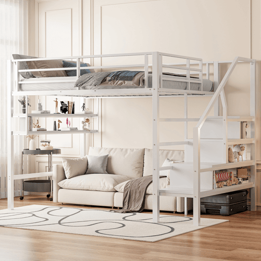 Cama alta metálica 140x200 cm - com prateleira e escada de arrumação - Branco