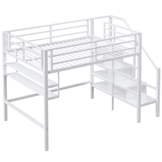 Cama alta metálica 140x200 cm - com prateleira e escada de arrumação - Branco