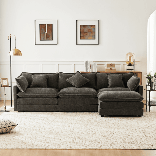 Sofá de canto de 3 lugares em chenille com apoio modular para os pés - Cinzento