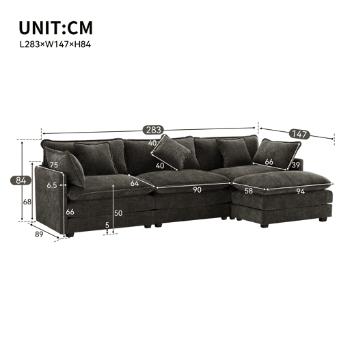 Sofá de canto de 3 lugares em chenille com apoio modular para os pés - Cinzento