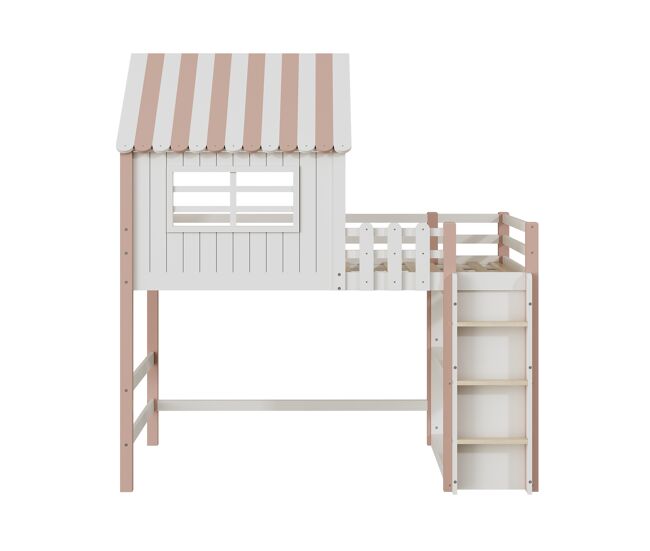 Litera de madera maciza 90x200 cm - con escalera y barrera de seguridad - con 2 estantes - rosa