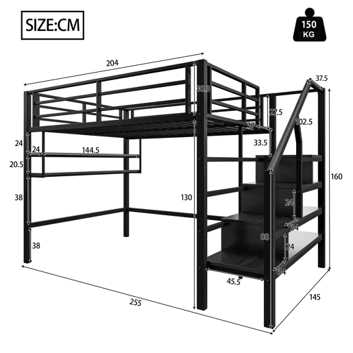 Cama alta metálica 140x200 cm - com prateleira e escada de arrumação - Preto
