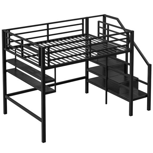 Cama alta metálica 140x200 cm - com prateleira e escada de arrumação - Preto