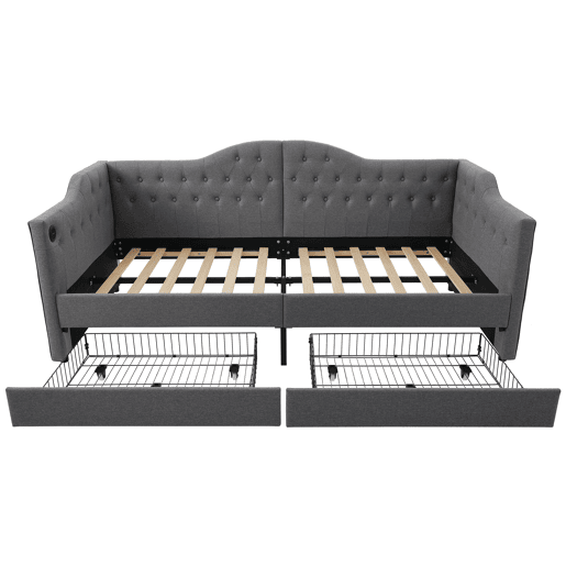 Cama estofada em linho com gavetas 90x200 cm - com função de carga e estrado de ripas - Cinzento (colchão não incluído)