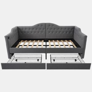 Cama estofada em linho com gavetas 90x200 cm - com função de carga e estrado de ripas - Cinzento (colchão não incluído)