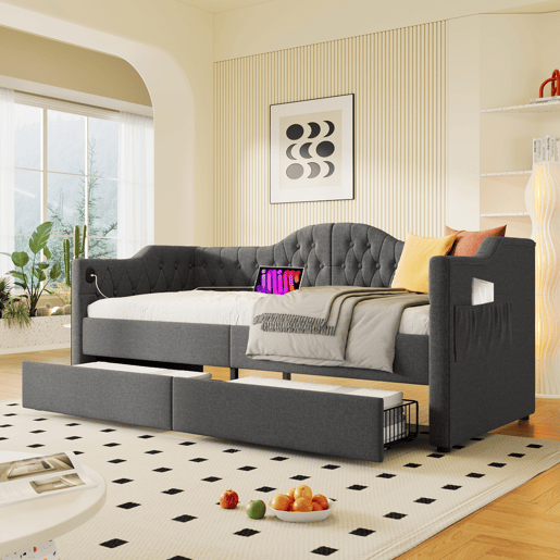 Cama estofada em linho com gavetas 90x200 cm - com função de carga e estrado de ripas - Cinzento (colchão não incluído)