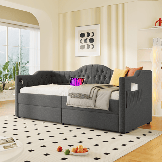 Cama estofada em linho com gavetas 90x200 cm - com função de carga e estrado de ripas - Cinzento (colchão não incluído)