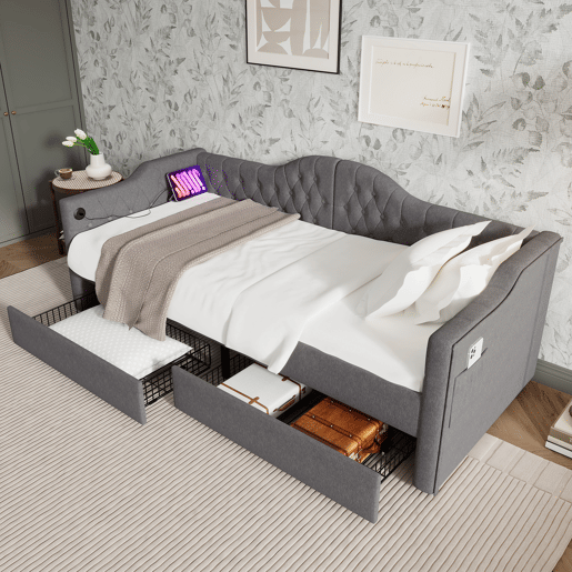 Cama estofada em linho com gavetas 90x200 cm - com função de carga e estrado de ripas - Cinzento (colchão não incluído)