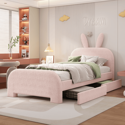 Cama de criança 90x200 cm com 2 gavetas - cabeceira em forma de coelho - Rosa