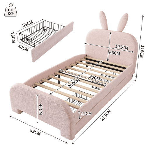 Cama de criança 90x200 cm com 2 gavetas - cabeceira em forma de coelho - Rosa