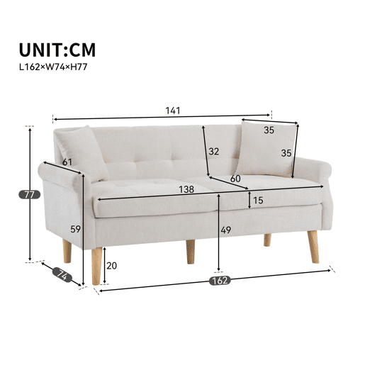 Sofá de 2 lugares estofado em chenille - 162x74x77 cm - Bege