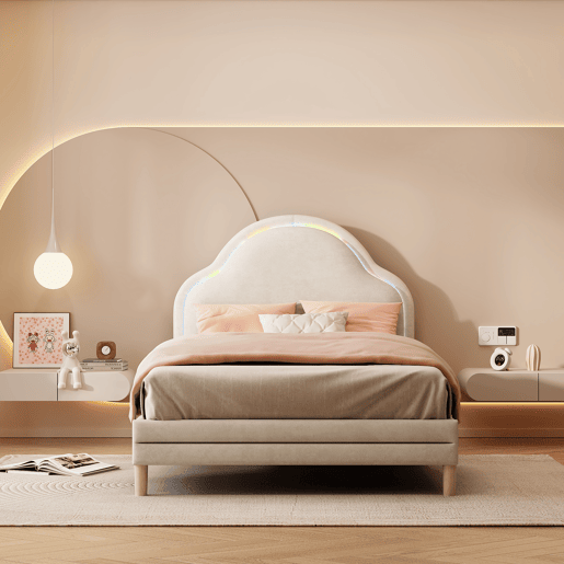 Cama de criança estofada em veludo com LED em várias cores - cabeceira em forma de nuvem - estrado de ripas de madeira - 90x200cm - Bege