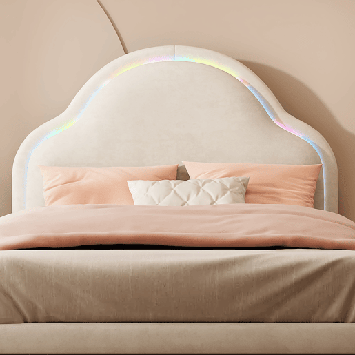 Cama de criança estofada em veludo com LED em várias cores - cabeceira em forma de nuvem - estrado de ripas de madeira - 90x200cm - Bege