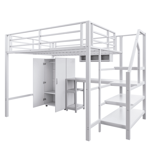 Cama alta metálica 140x200 cm - com secretária, roupeiro e escada de arrumação - Branco