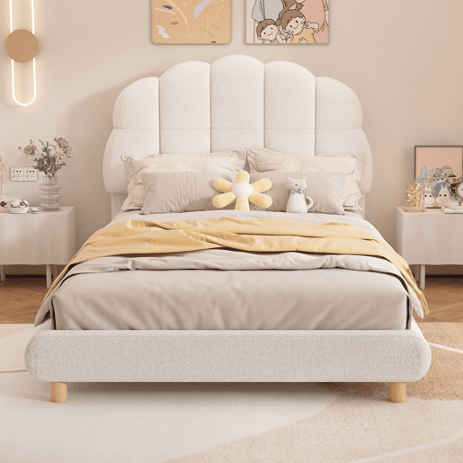 Cama de solteiro para crianças 90x200cm estofada em tecido de pelúcia - com estrado de ripas de MDF - Bege