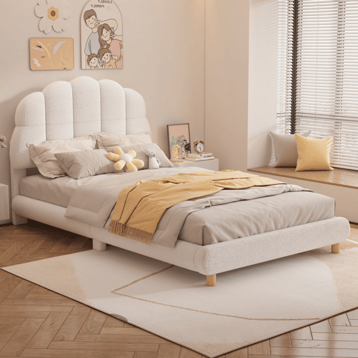 Cama de solteiro para crianças 90x200cm estofada em tecido de pelúcia - com estrado de ripas de MDF - Bege