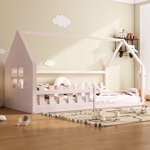 Cama-cama para crianças 90x200 cm - em forma de casinha - em madeira de pinho e MDF - Rosa