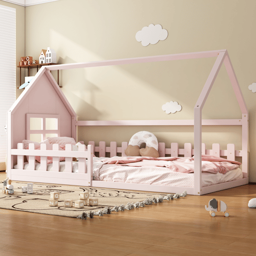 Cama-cama para crianças 90x200 cm - em forma de casinha - em madeira de pinho e MDF - Rosa