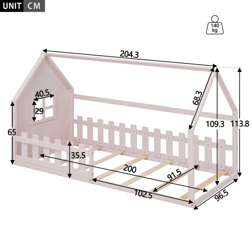 Cama-cama para crianças 90x200 cm - em forma de casinha - em madeira de pinho e MDF - Rosa