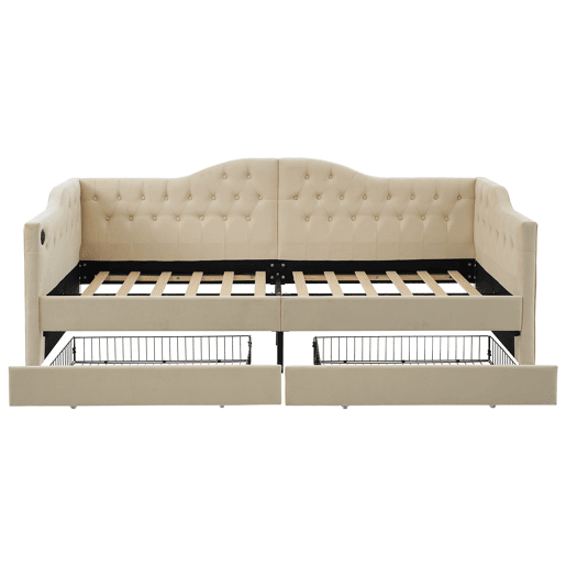 Cama com gavetas 90x200 cm estofada em veludo - com função de carga e estrado de ripas - Bege (colchão não incluído)