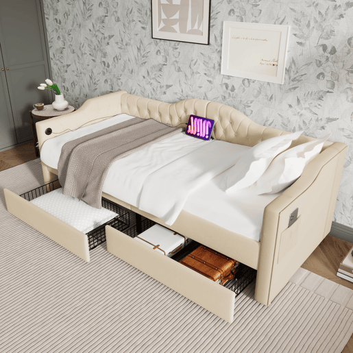 Cama com gavetas 90x200 cm estofada em veludo - com função de carga e estrado de ripas - Bege (colchão não incluído)