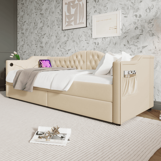 Cama com gavetas 90x200 cm estofada em veludo - com função de carga e estrado de ripas - Bege (colchão não incluído)