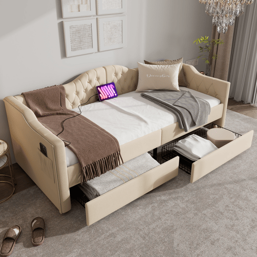 Cama com gavetas 90x200 cm estofada em veludo - com função de carga e estrado de ripas - Bege (colchão não incluído)
