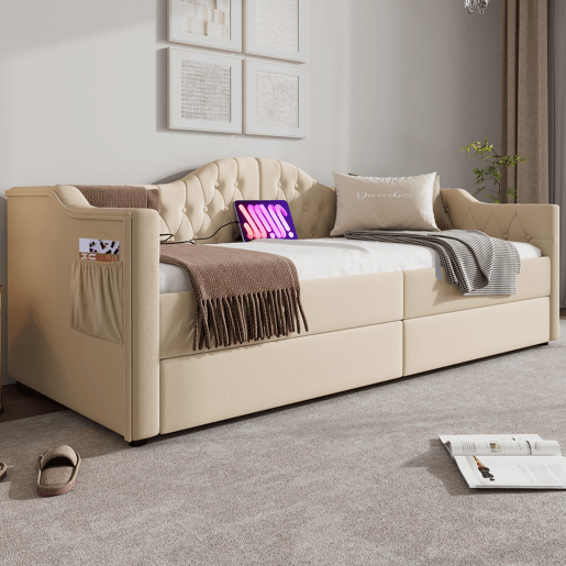 Cama com gavetas 90x200 cm estofada em veludo - com função de carga e estrado de ripas - Bege (colchão não incluído)