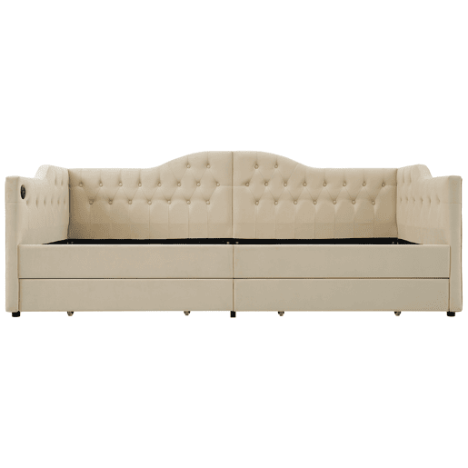 Cama com gavetas 90x200 cm estofada em veludo - com função de carga e estrado de ripas - Bege (colchão não incluído)