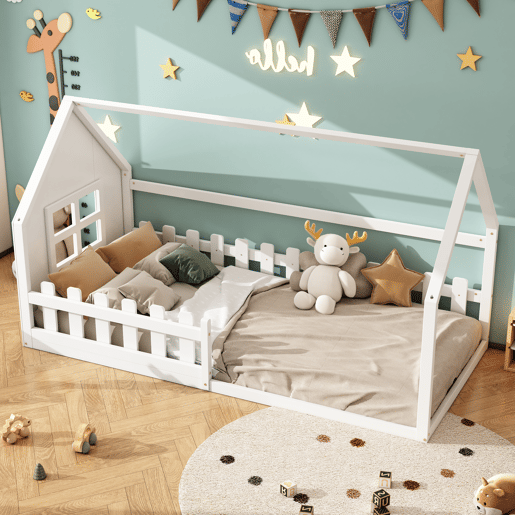 Cama-cama para crianças 90x200 cm - em forma de casinha - em madeira de pinho e MDF - Branco
