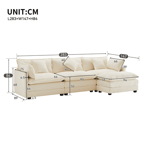 Sofá de canto de 3 lugares em chenille com apoio modular para os pés - Bege