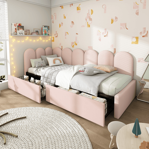 Sofá-cama com 2 gavetas - tecido aveludado - 90x190 cm - com estrado de molas - Rosa