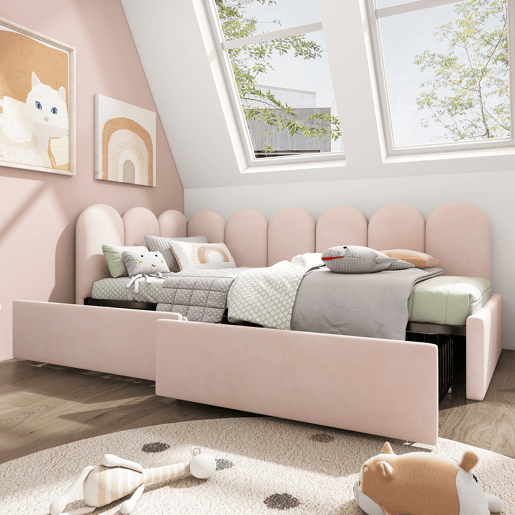 Sofá-cama com 2 gavetas - tecido aveludado - 90x190 cm - com estrado de molas - Rosa