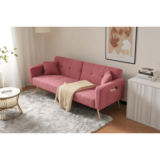 Sofá convertível com encosto regulável - 2 lugares - Tecido felpudo francês - Rosa
