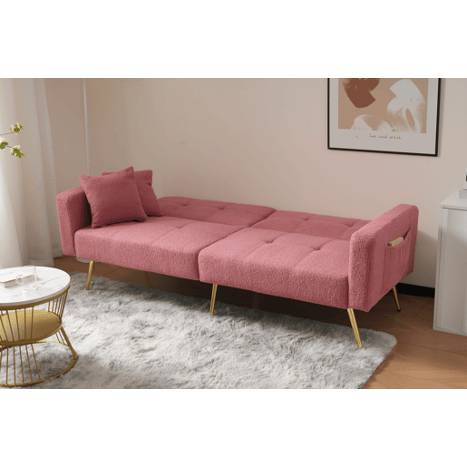 Sofá convertível com encosto regulável - 2 lugares - Tecido felpudo francês - Rosa