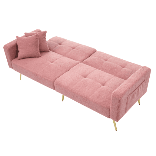 Sofá convertível com encosto regulável - 2 lugares - Tecido felpudo francês - Rosa