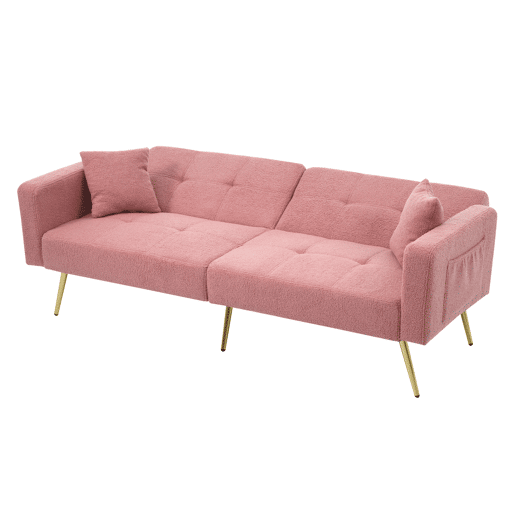 Sofá convertível com encosto regulável - 2 lugares - Tecido felpudo francês - Rosa