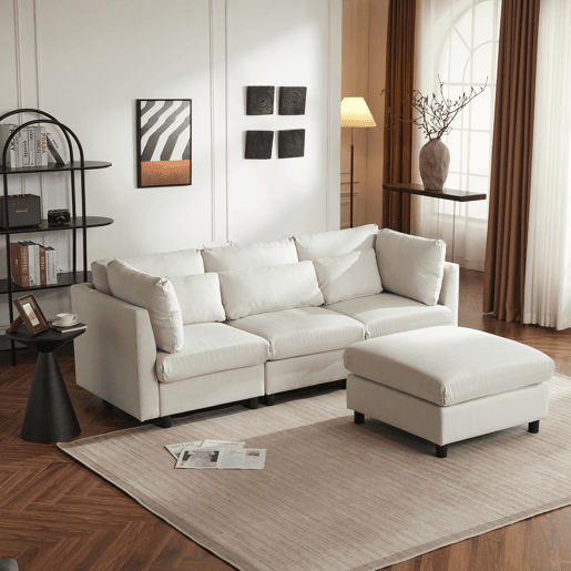 Sofá de canto de 3 lugares com apoio para os pés amovível - super macio e luxuoso - Bege