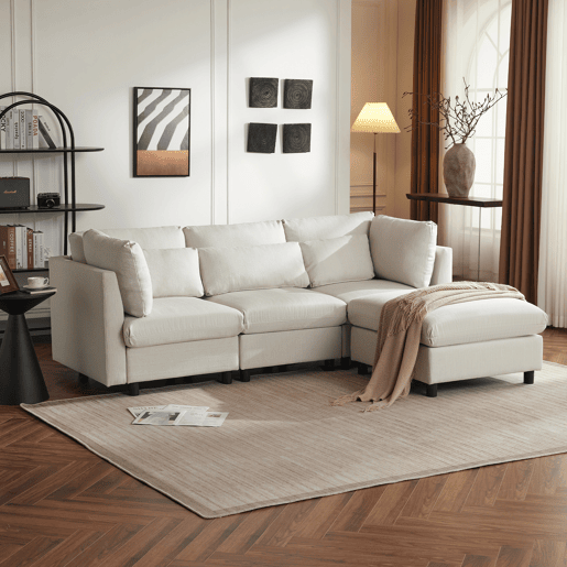 Sofá de canto de 3 lugares com apoio para os pés amovível - super macio e luxuoso - Bege