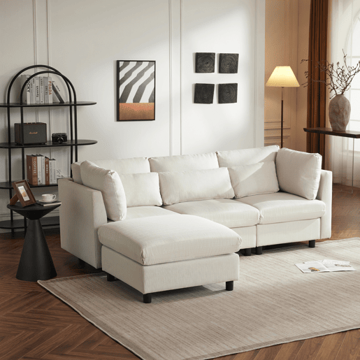 Sofá de canto de 3 lugares com apoio para os pés amovível - super macio e luxuoso - Bege
