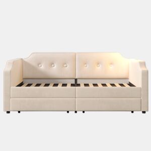 Sofá-cama de veludo 90x200 cm - com função de carga e LED - com base de ripas - Bege