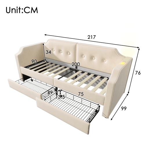 Sofá-cama de veludo 90x200 cm - com função de carga e LED - com base de ripas - Bege