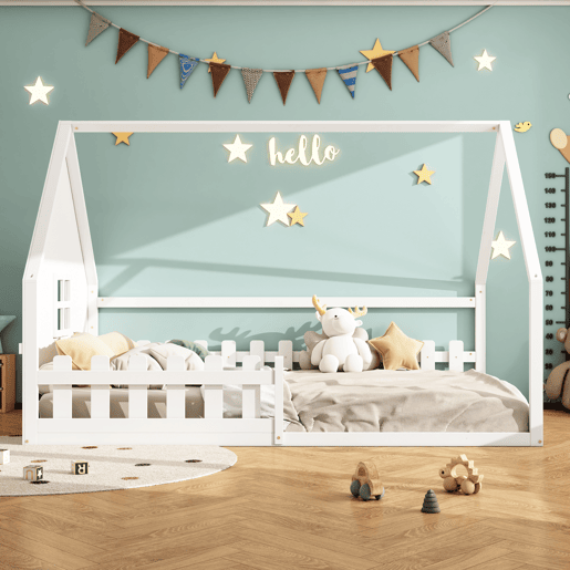 Cama de cabina para crianças 140x200 cm - Forma de casa de campo - Pinho e MDF - Branco