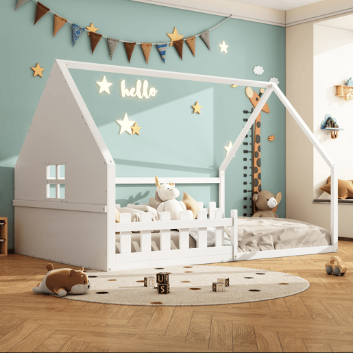 Cama de cabina para crianças 140x200 cm - Forma de casa de campo - Pinho e MDF - Branco